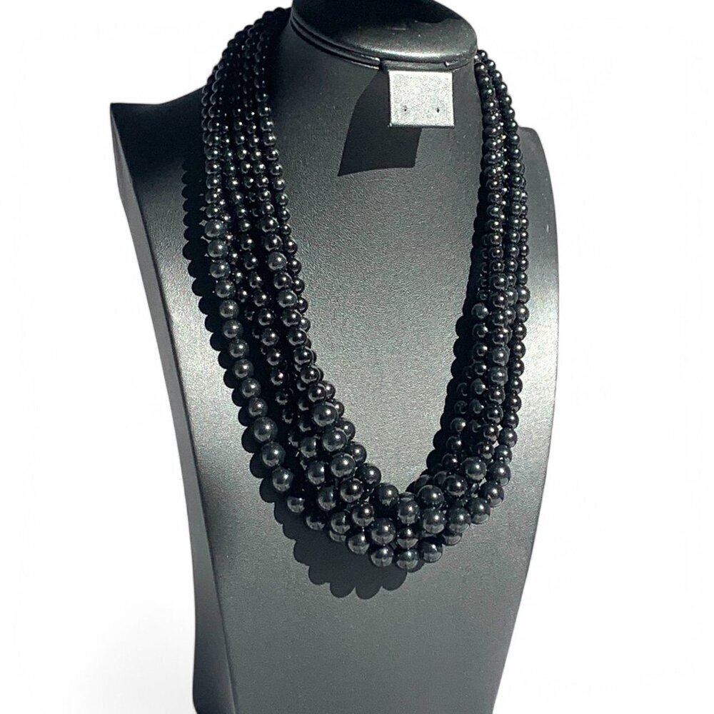 Vintage Multi-Strand Black Beaded Necklace With Adjustable Chain Closure 10"Drop